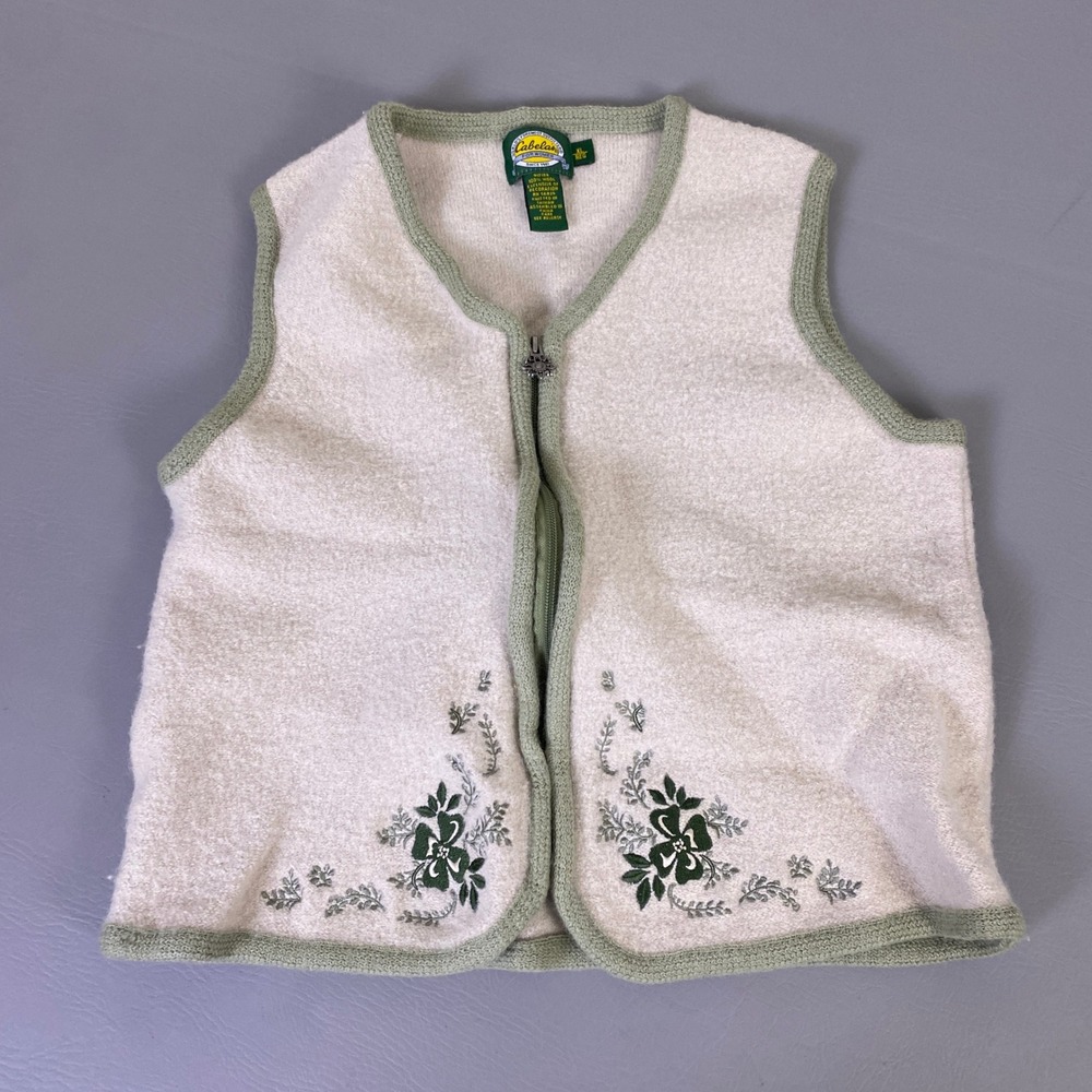 Cabelas Wool Vest Women's Size XL Cream Sage Green Floral Embroidered Full Zip